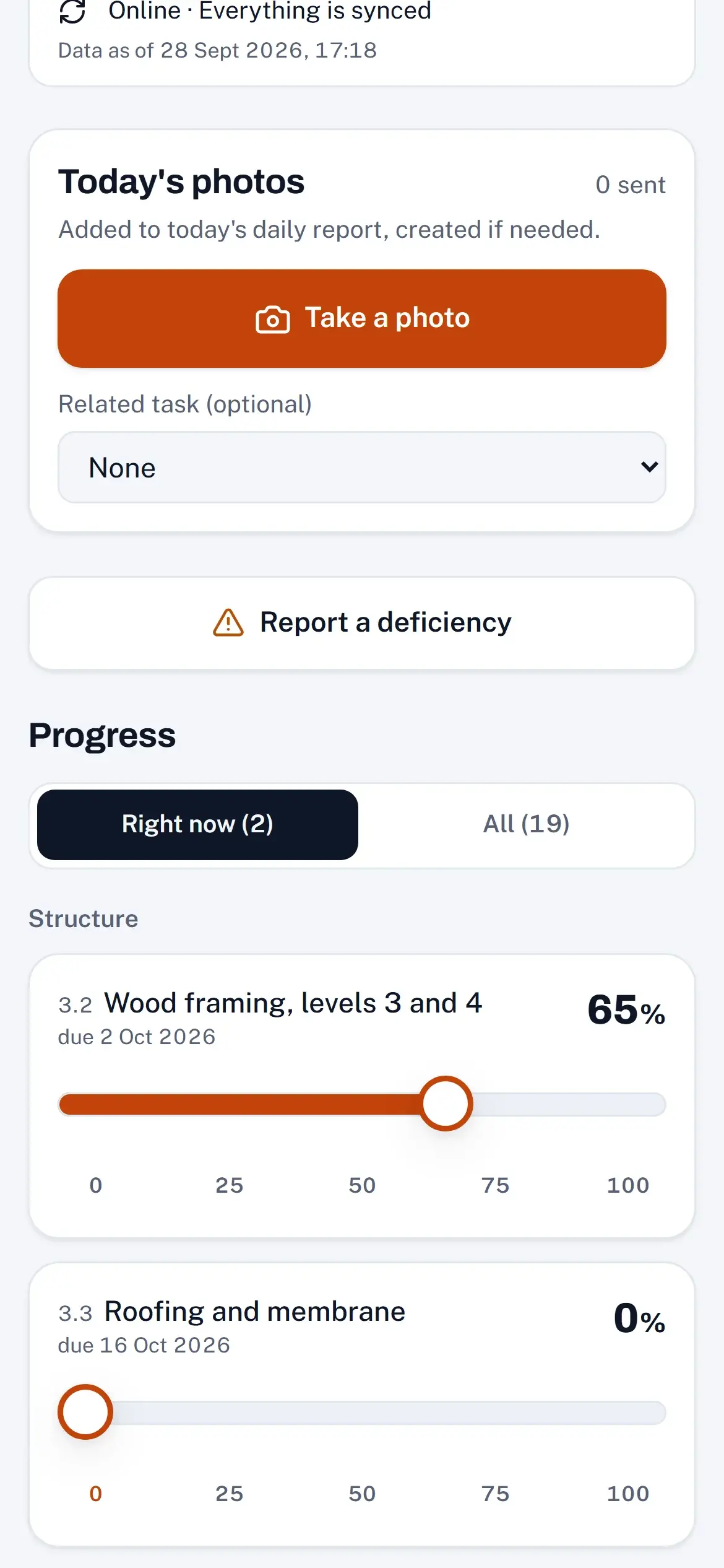 Field mode on a phone: photo button and progress sliders